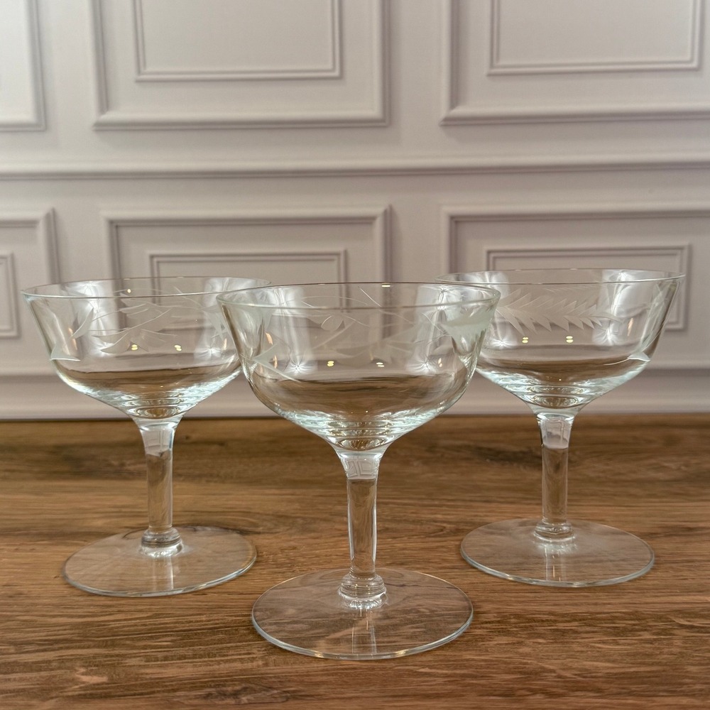 VTG Set of 3 Weston Etched Wheat Motif Champagne Sherbet Coupes 4 1/4in